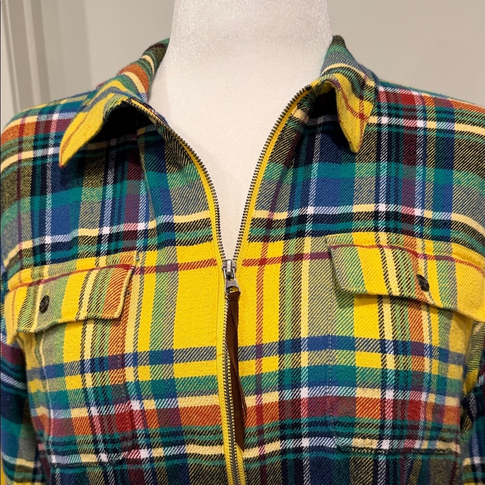 Chaps Plaid Flannel Shacket L Zip Up Cotton Jacket Yellow Green Blue EUC - Picture 3 of 9